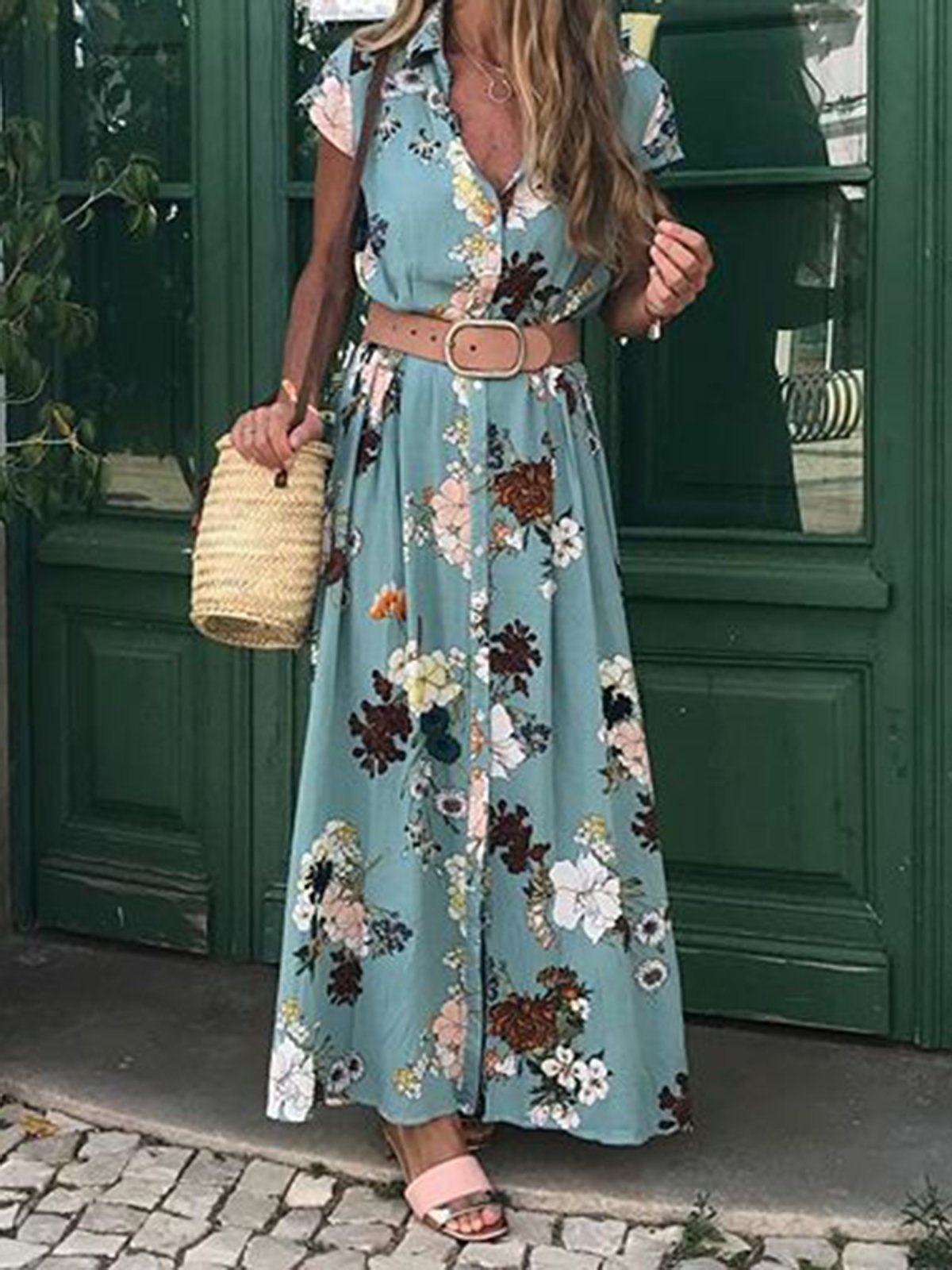 Floral Shirt Collar Short Sleeve Maxi Dresses