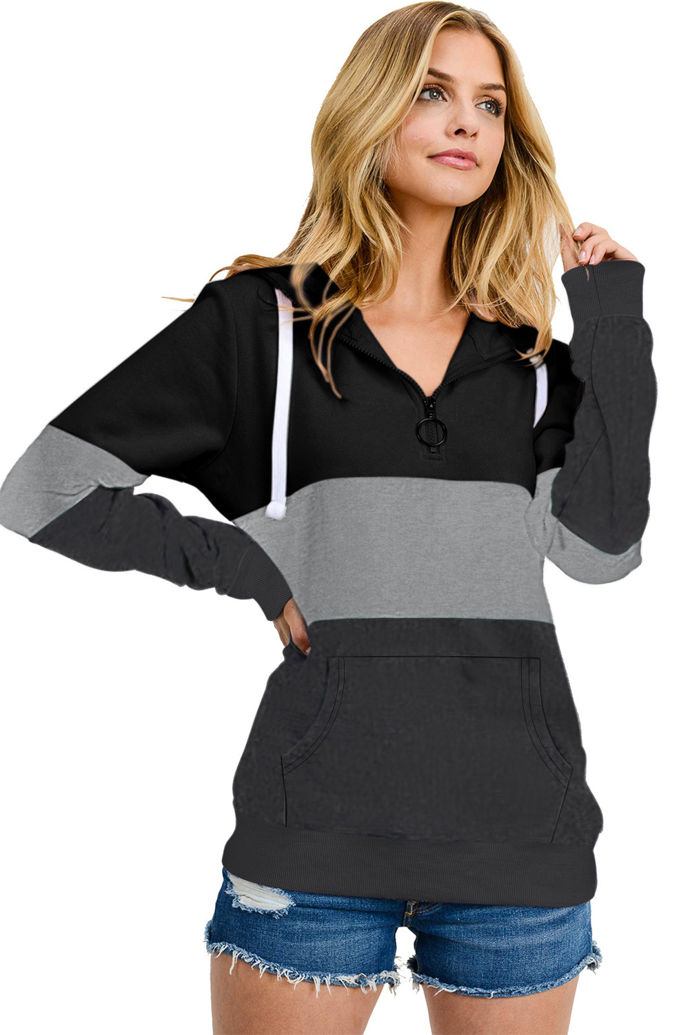 Black Color Block Zipped Neck Hoodie