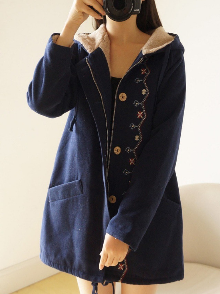 Solid Cotton Vintage Hoodie Long Sleeve Coat