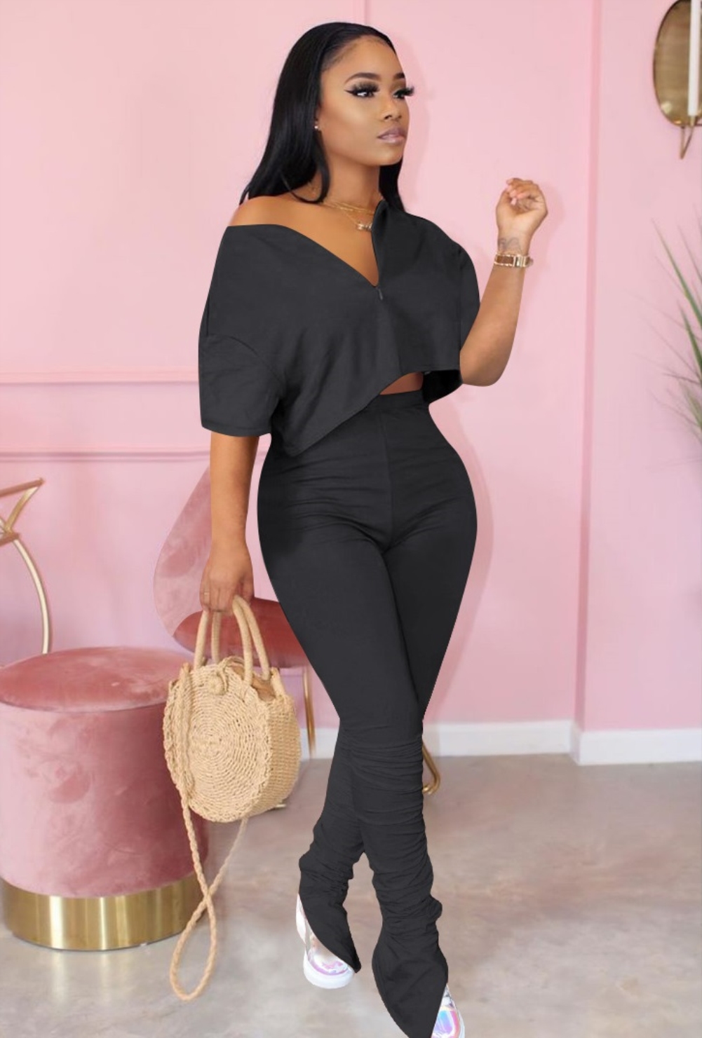 Summer Casual Two Piece Solid Color Stacked Pants Set