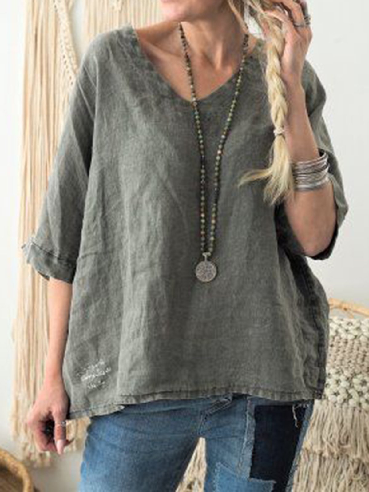 Half Sleeve V Neck Solid Casual Blouse