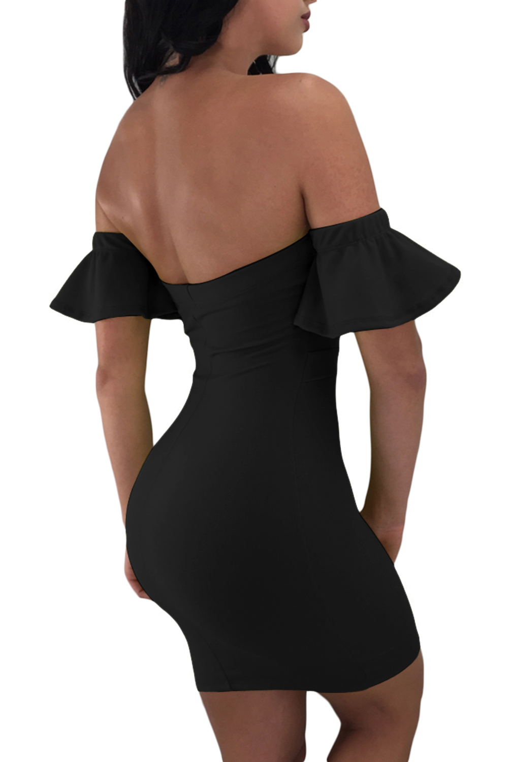 Black Flared Short Sleeves Tie Front Bodycon Dress