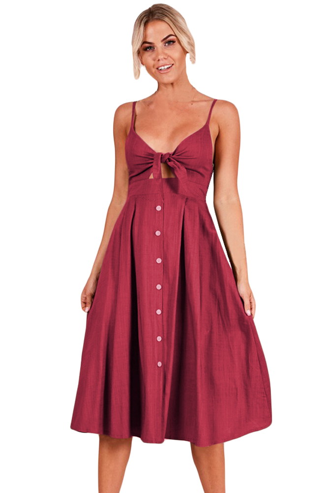 Wine Sexy Backless Tie Front Button Skirt Midi Dress