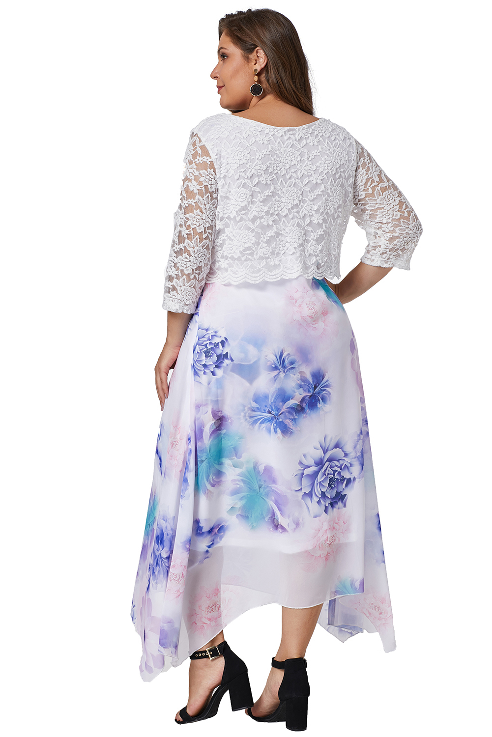 White Plus Size Floral Dress With Lace Overlay