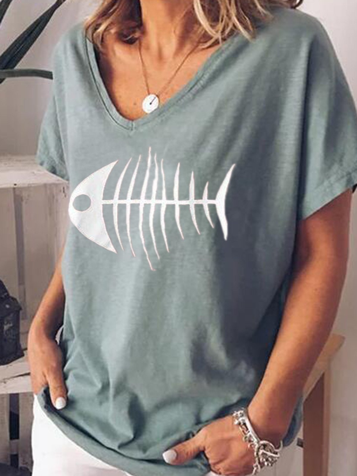 Cotton-Blend V Neck Short Sleeve Casual Shirts & Tops