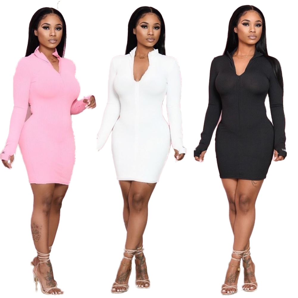 Autumn Solid Color Zipped Hoody Bodycon Dress