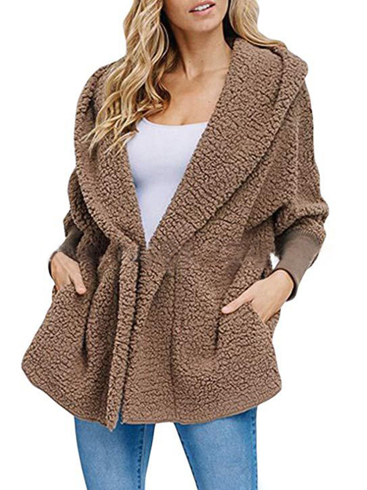 Shawl Collar Long Sleeve Solid Casual Faux fur Hoodie Coat