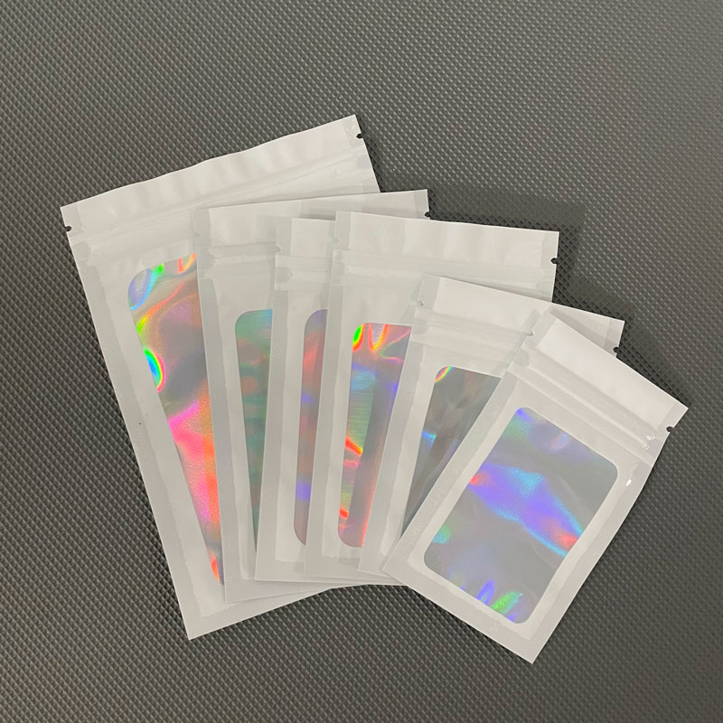 Laser Rainbow plastic zipper bag makeup brush holographic Packing bags clear Mylar pouch Holographic Packaging Bag