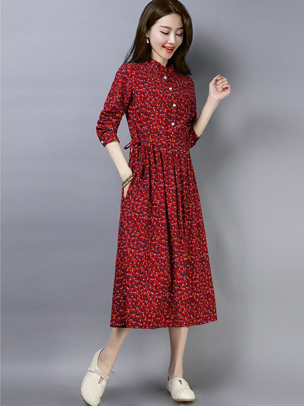 Plus Size Slim Cotton Linen Casual Floral Printed Dresses