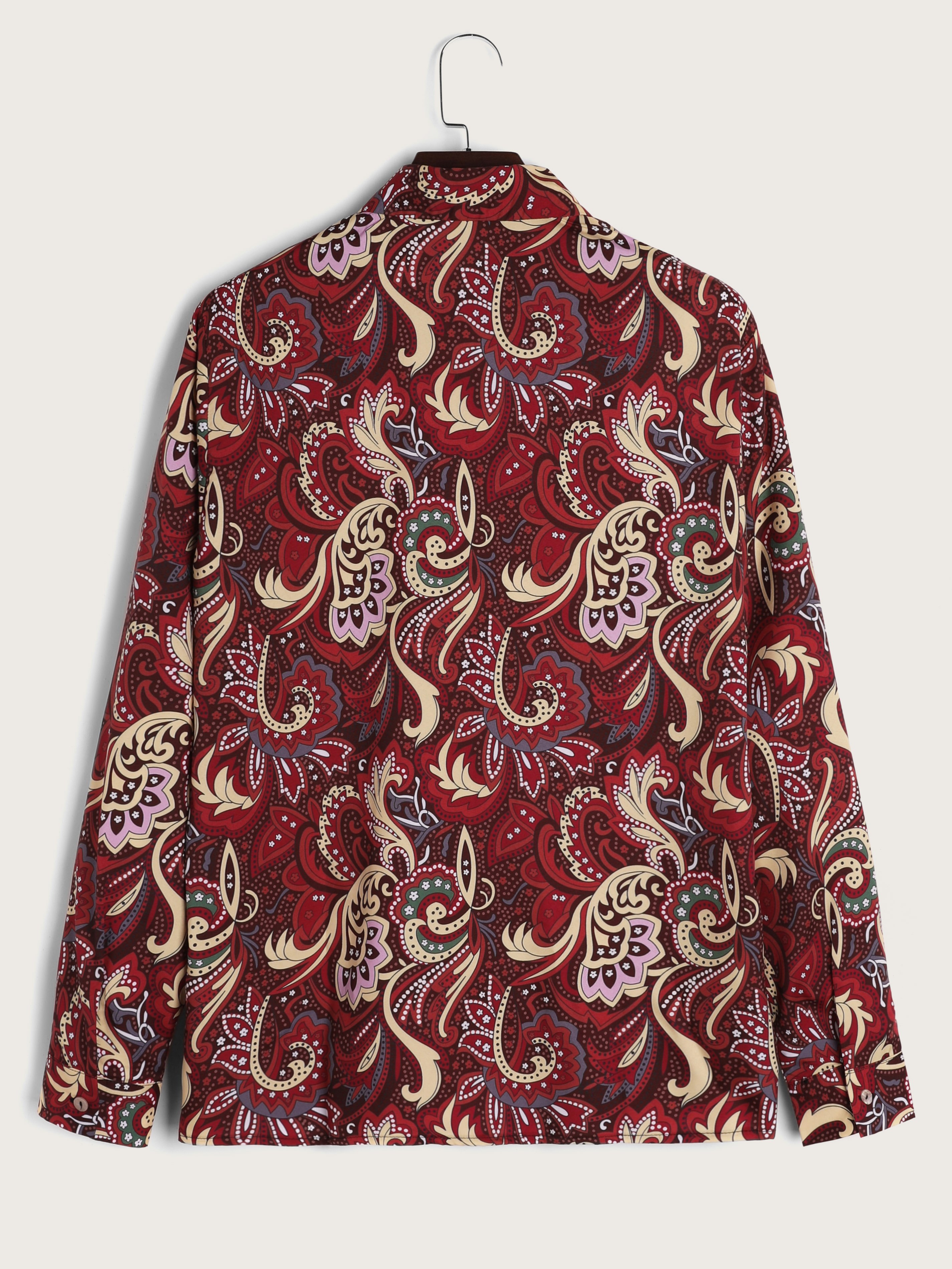 Men's Red Ethnic Floral Print Long Sleeve Shirt