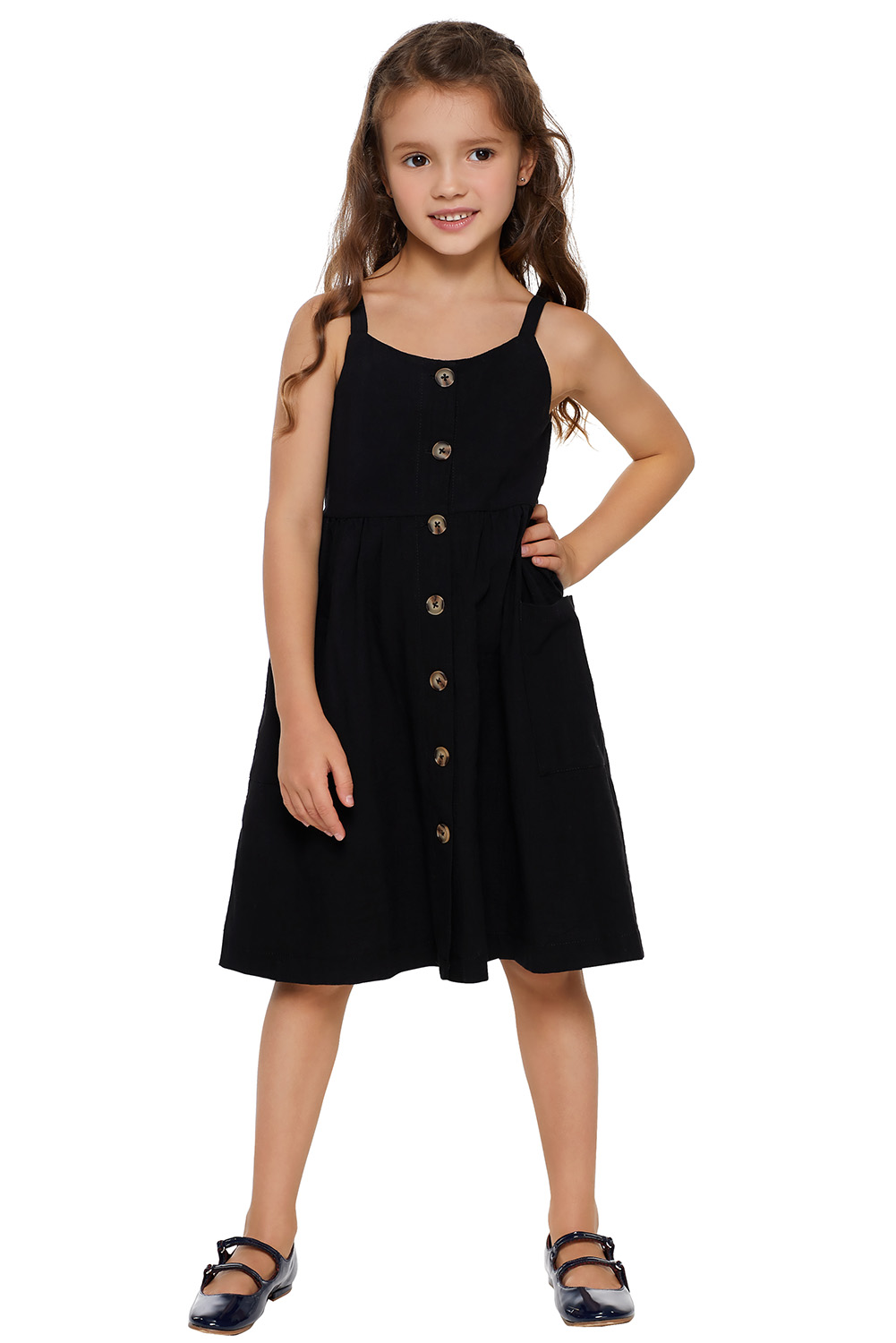 Black Little Girls Spaghetti Strap Button Dress with Pockets