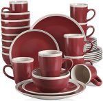 32 Pieces Dinnerware Set Service For 8, Red and Cream Stoneware Made With Bowls