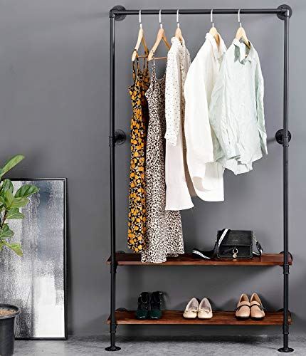 Industrial Pipe Hanging Wall Mounted clothes Rack with Natural Wood Base