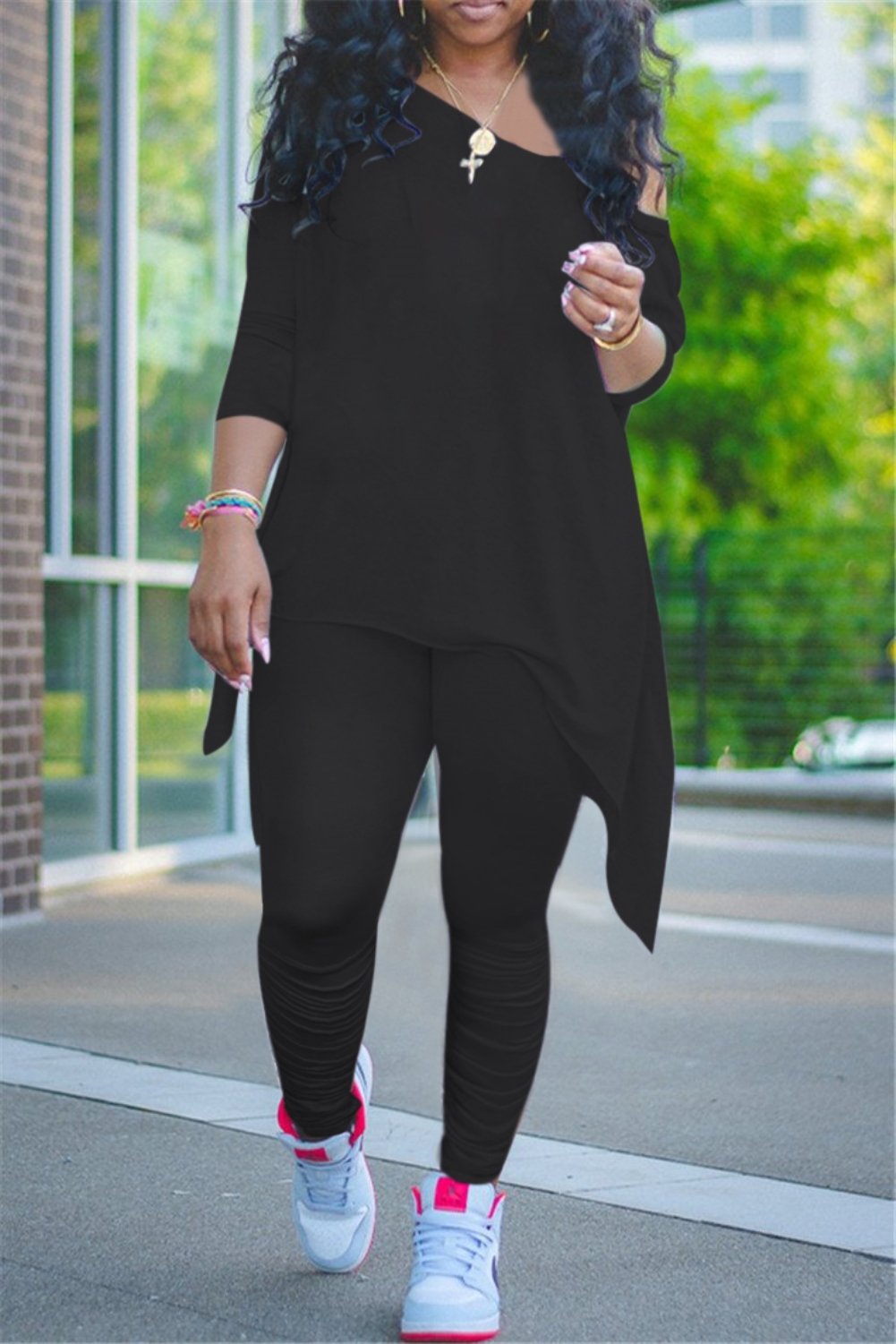 Casual African Two Piece Plain Stacked Pants Set