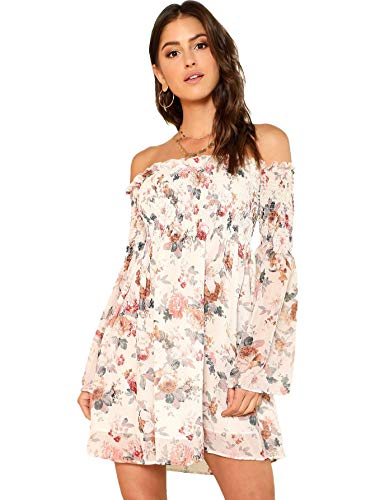 Romwe Women's Casual Floral Print Off Shoulder Trumpet Sleeve Swing Dress