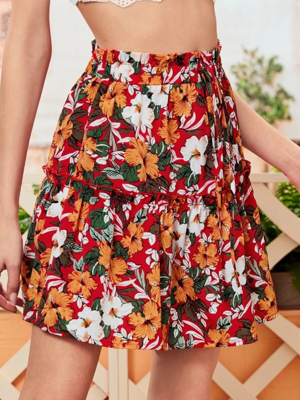 Summer High Waist Floral Short Ruffle Skirt