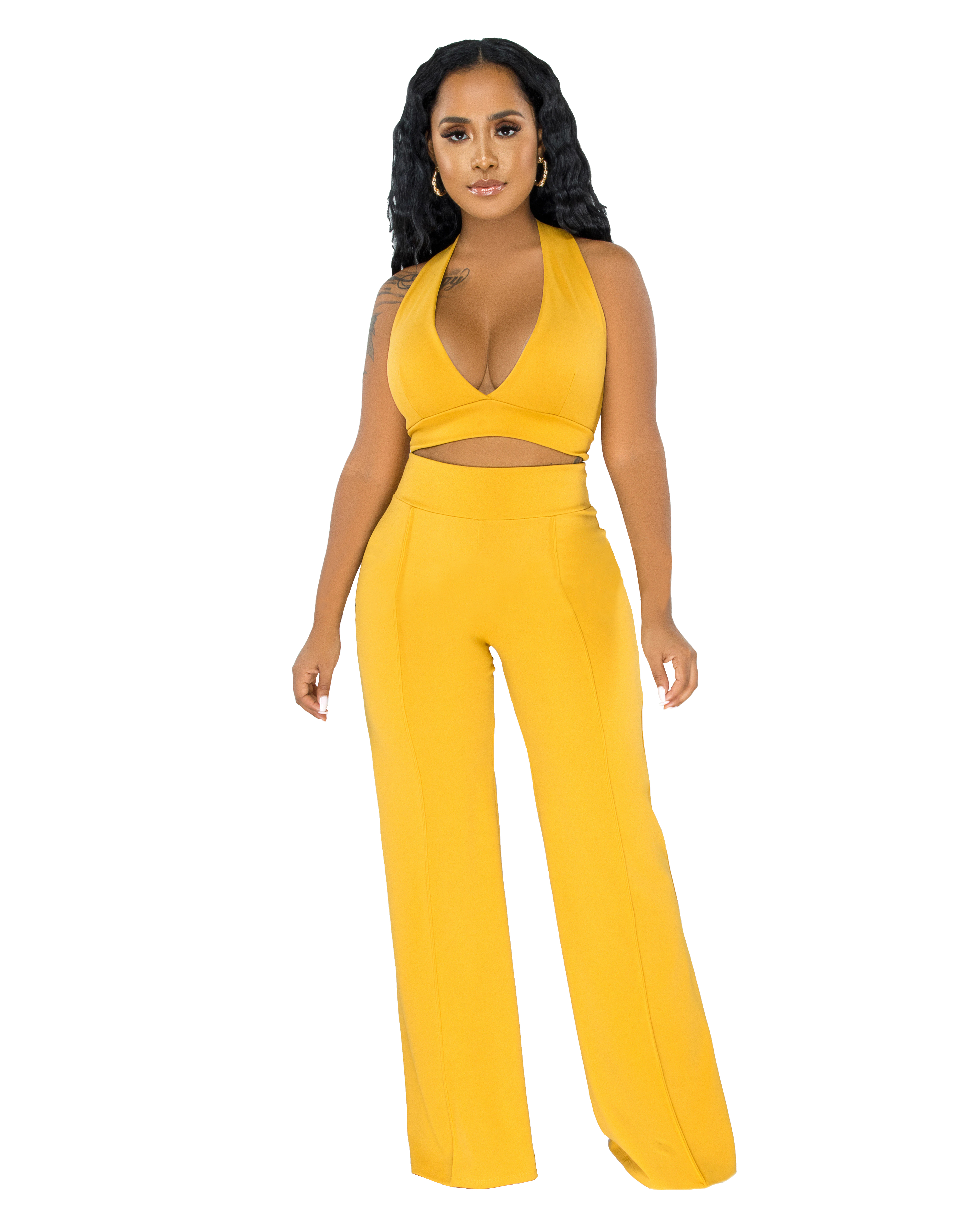 Summer Party Solid Color Halter Crop Top and High Waist Pants Set