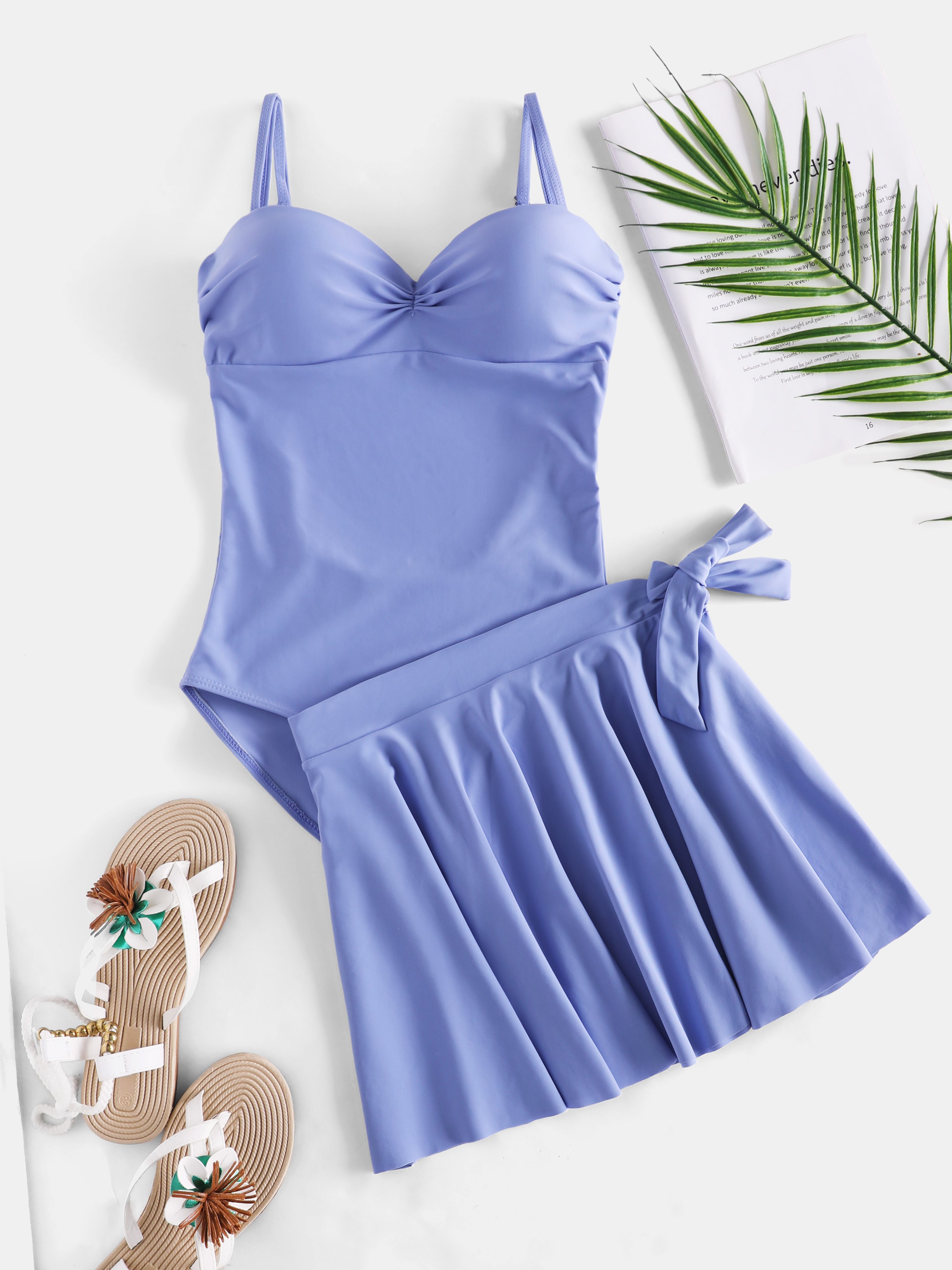Solid One Piece Swimwear & Skirt Two Piece Suit