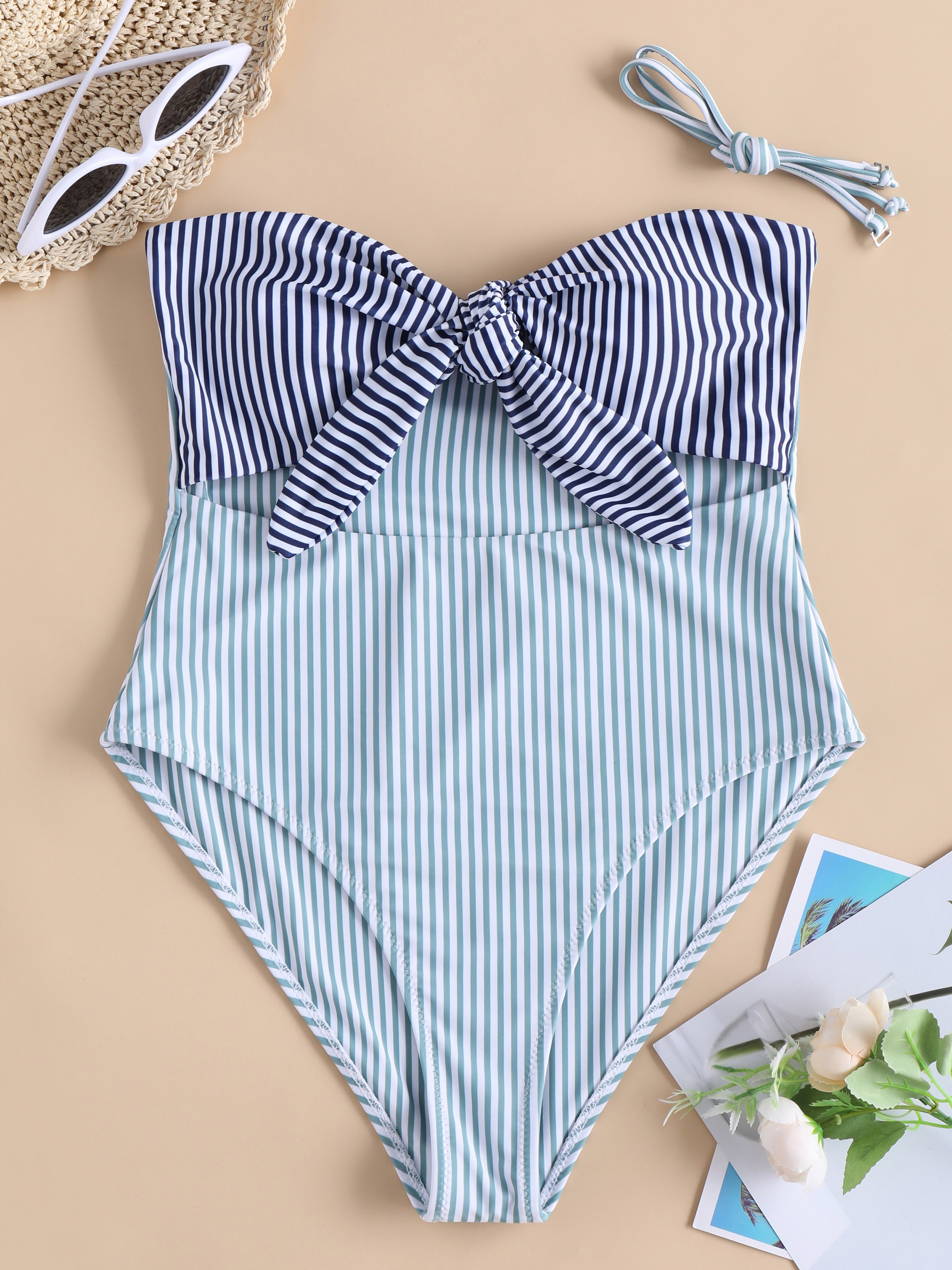 Striped Front Knot Cutout One-Piece Swimwear