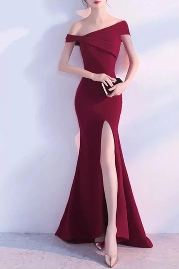 Fashion Boat Neck Pure Colour Slit Maxi Dress