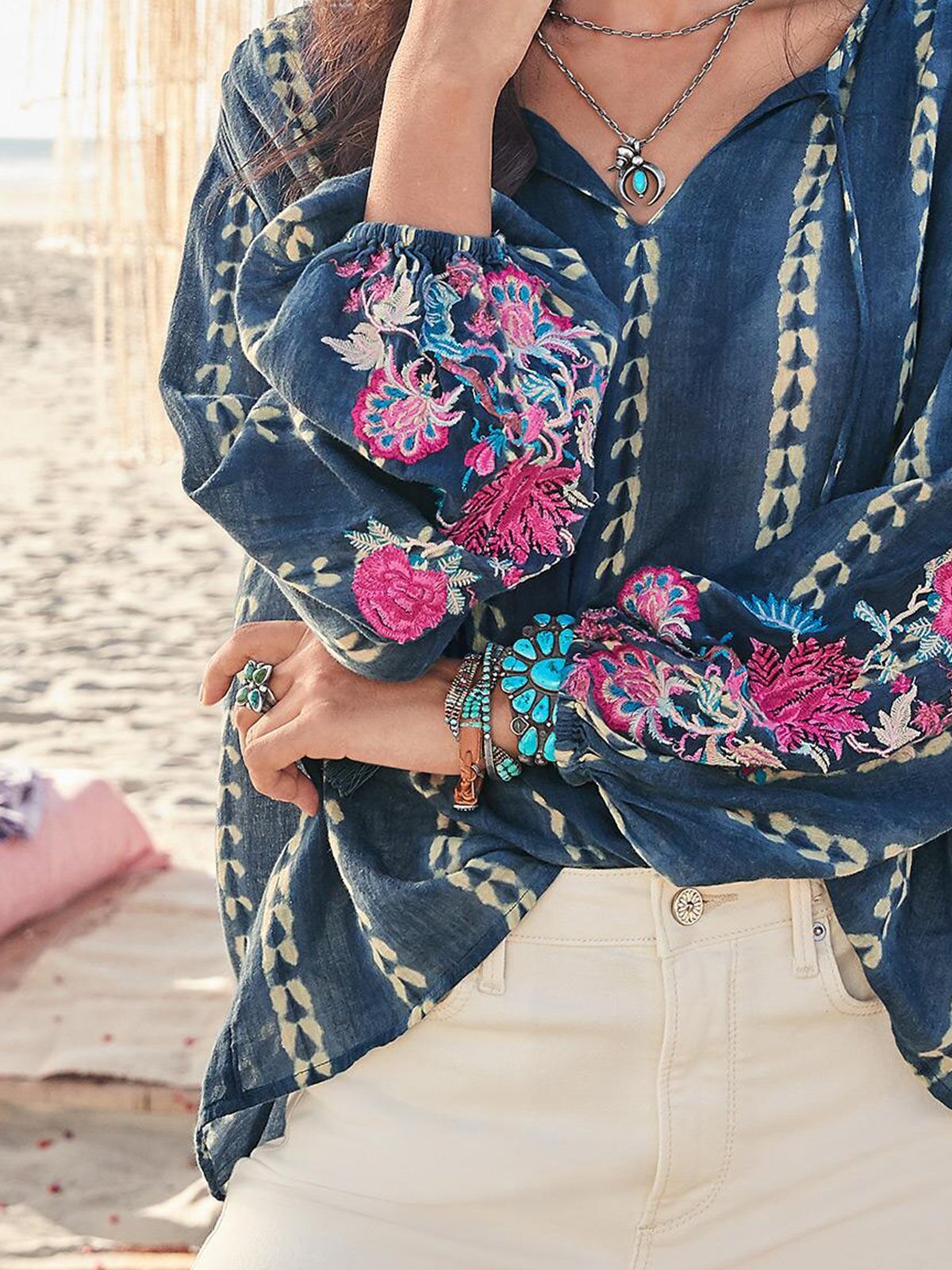 Floral V Neck Long Sleeve Shift Shirts & Tops