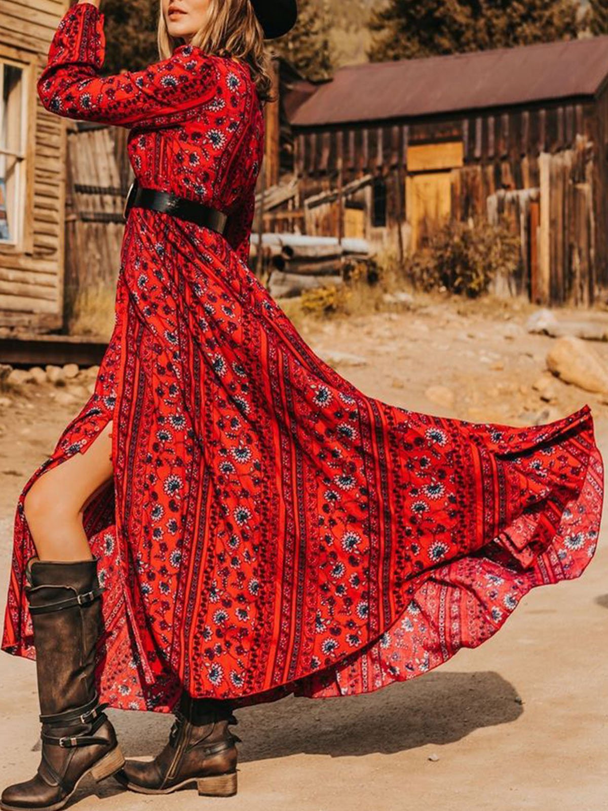 V Neck Casual Long Sleeve Floral Dresses