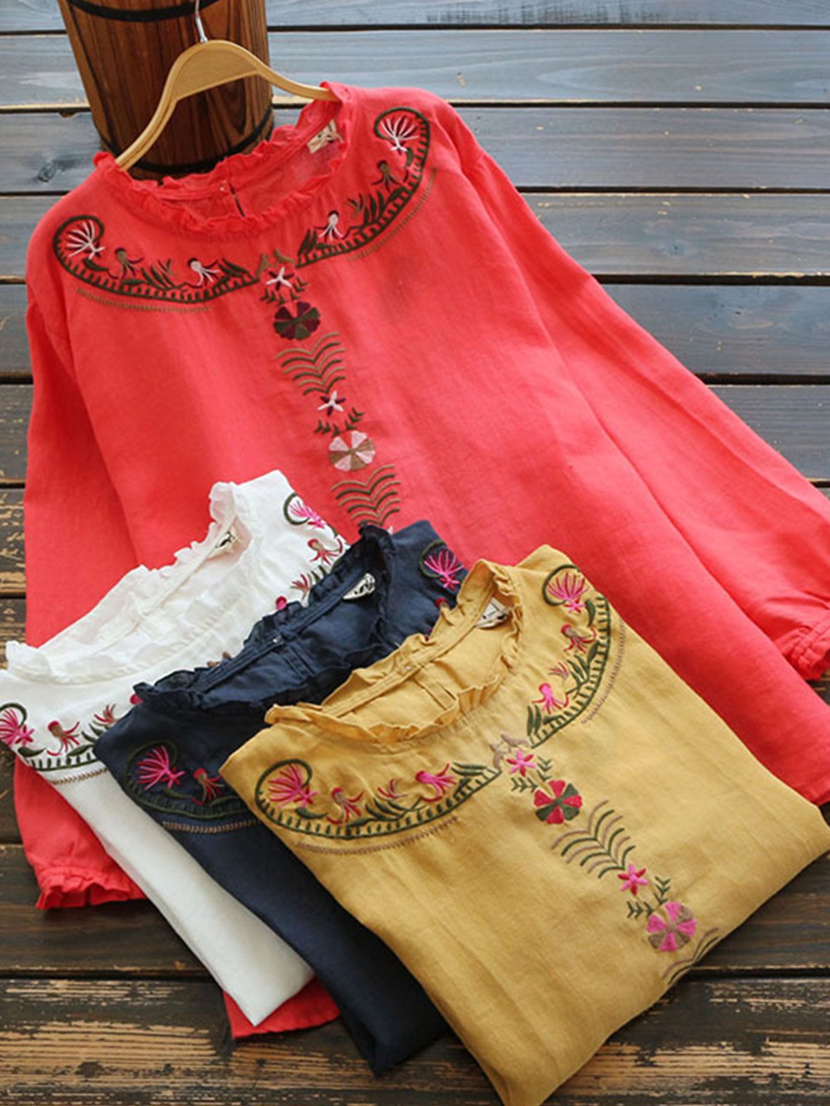 Women Casual Loose Embroidered Tops Tunic Blouse Shirt