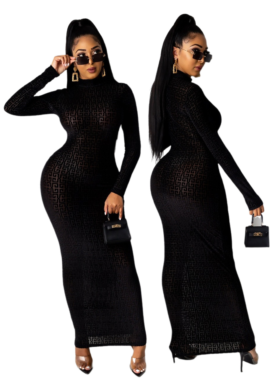 Autumn Party Print Black Sexy Long Sheath Dress