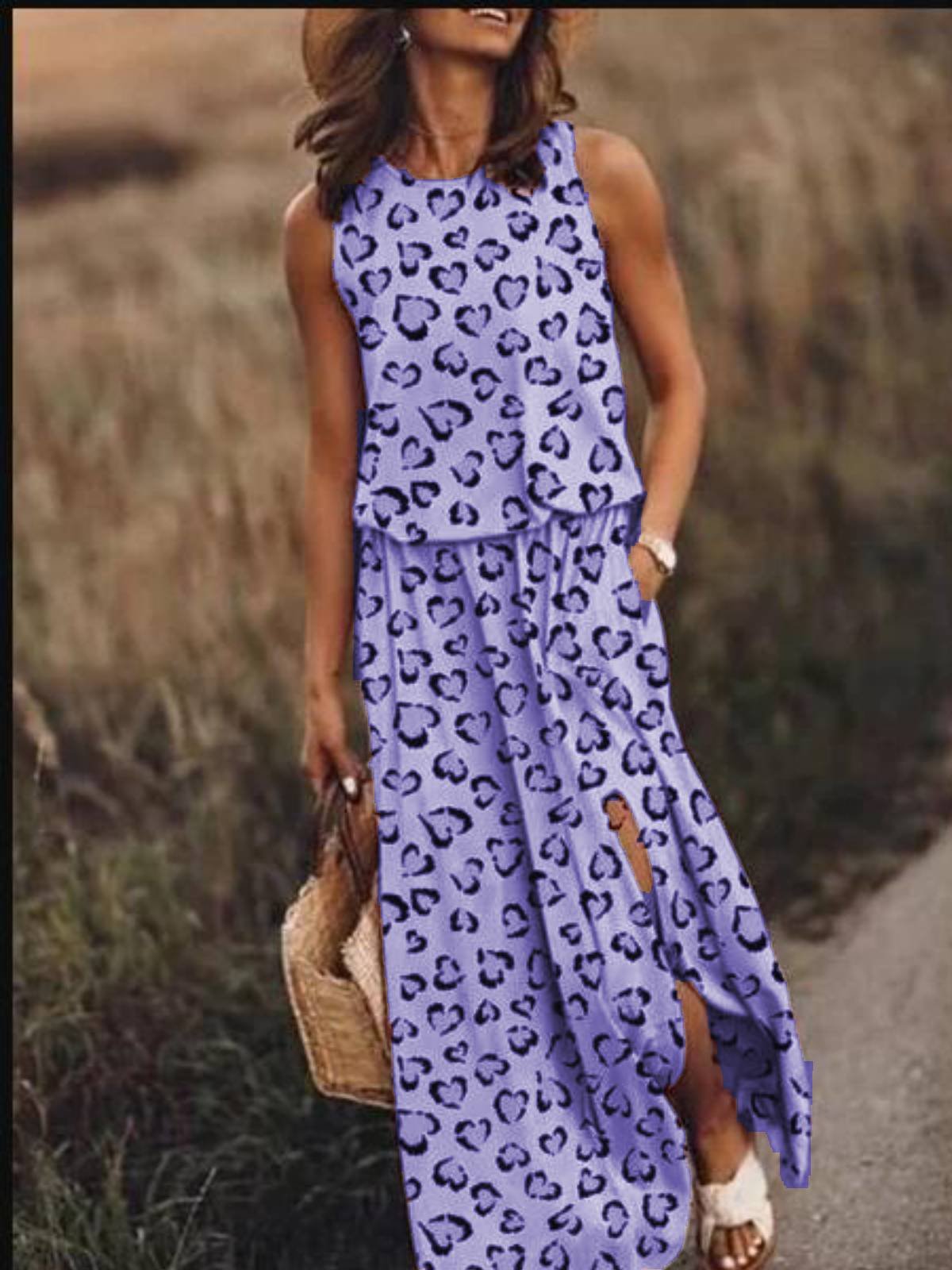 Pink Holiday Leopard-Print Cotton-Blend Round Neck Dresses