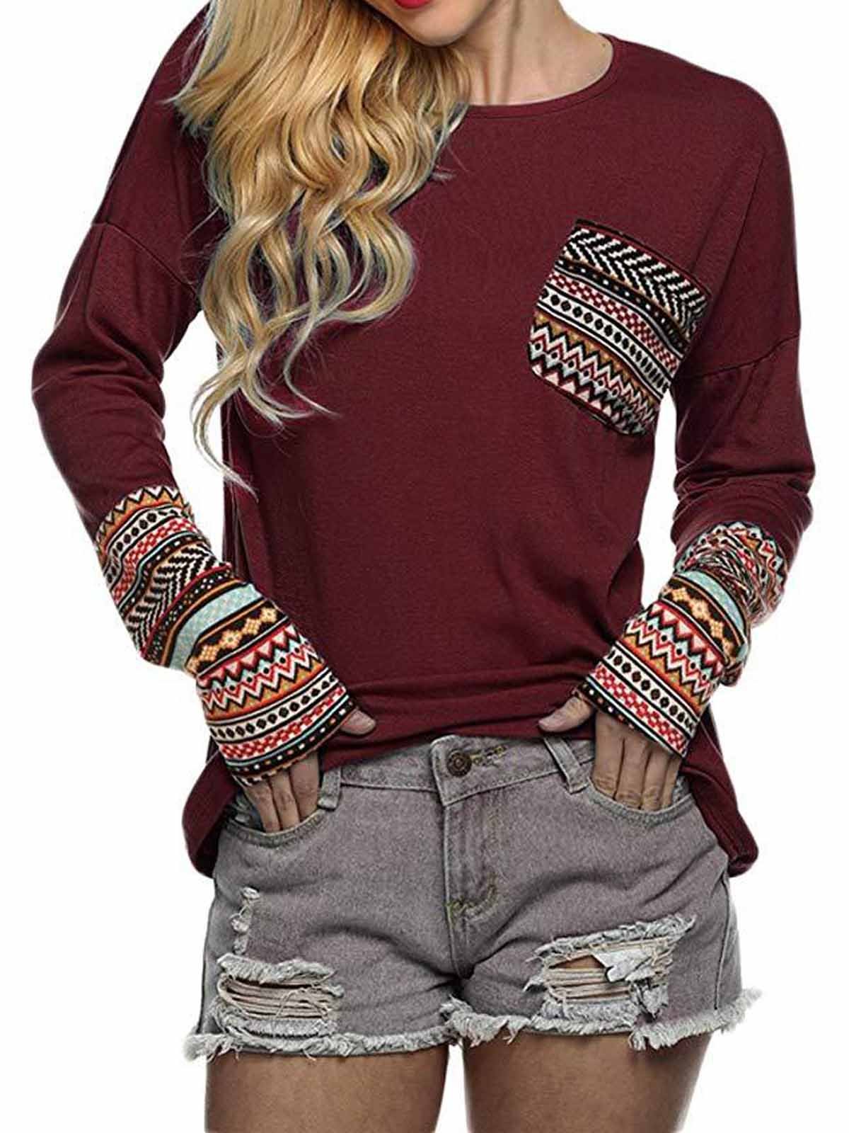 Women's Long Sleeve O-Neck Patchwork Casual Loose Blouse With Thumb Holes
