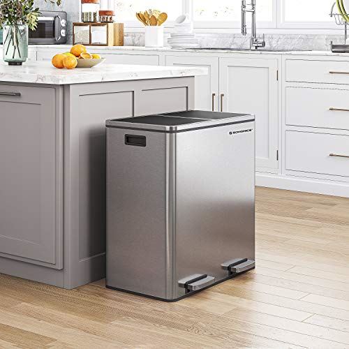 Dual Trash Garbage Can, Recycling Bin with Plastic Inner Buckets, Hinged Lids