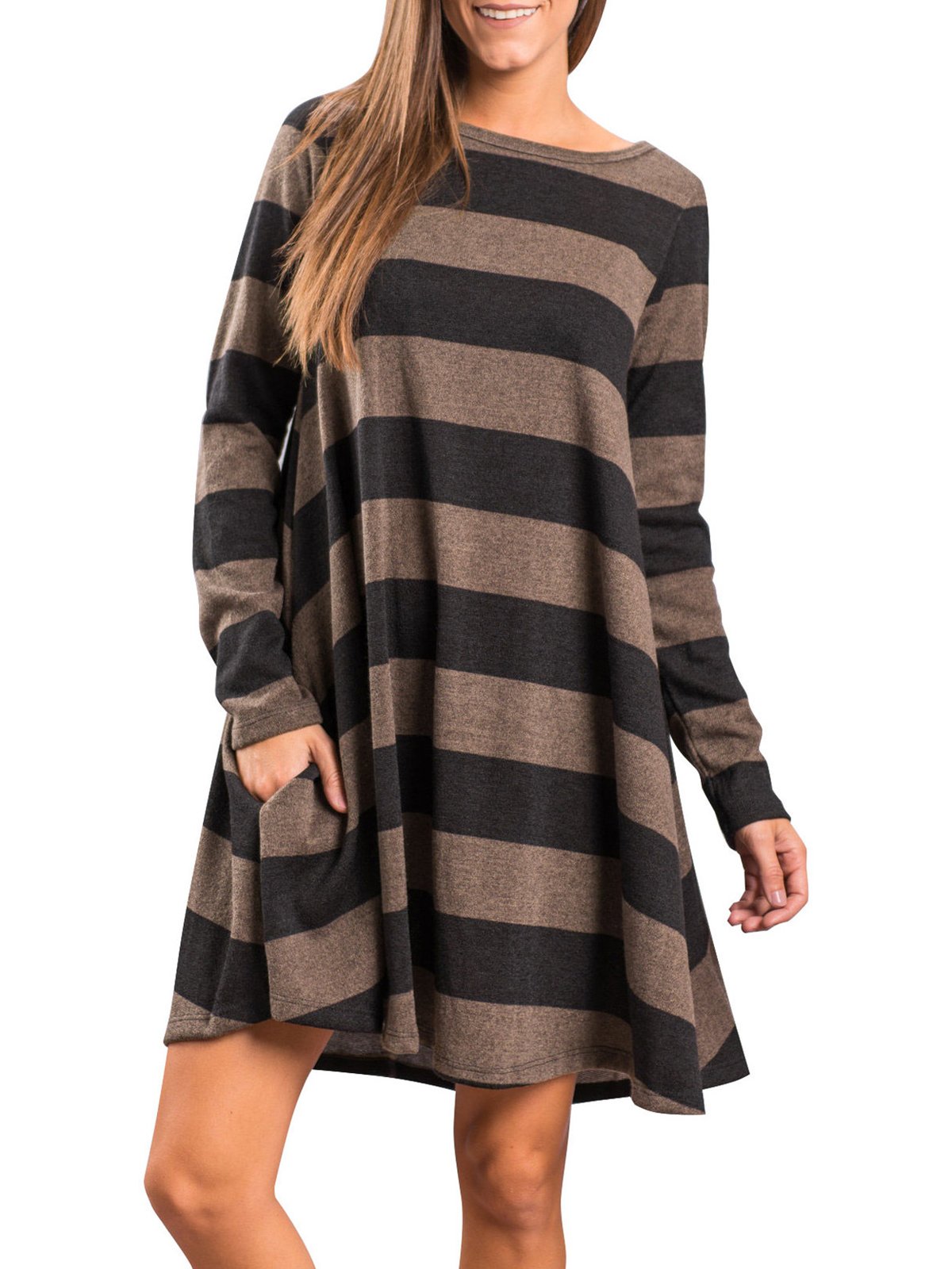 Casual Crew Neck Striped Cotton-blend Dress