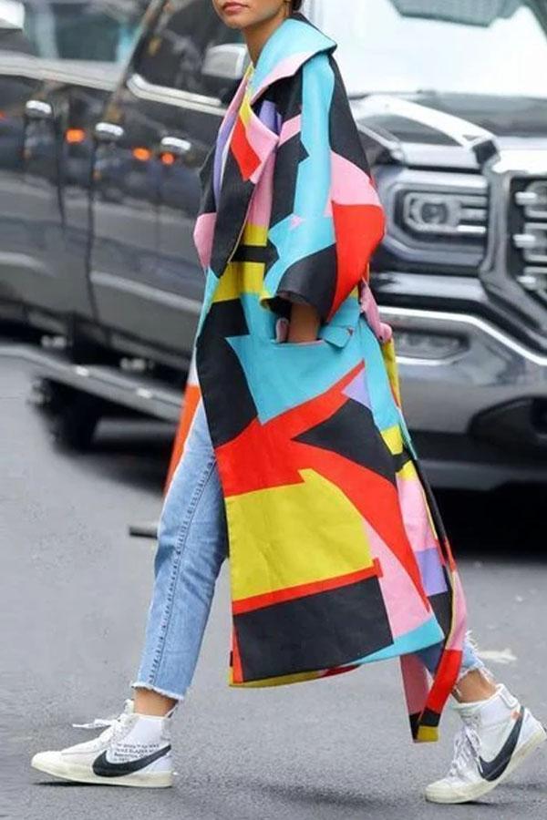 Fashion Multi Color Blocking Long Sleeve Coat