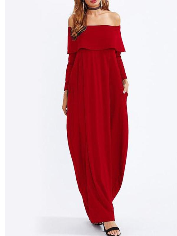 Off Shoulder Flounce Plain Maxi Plus Size Dress