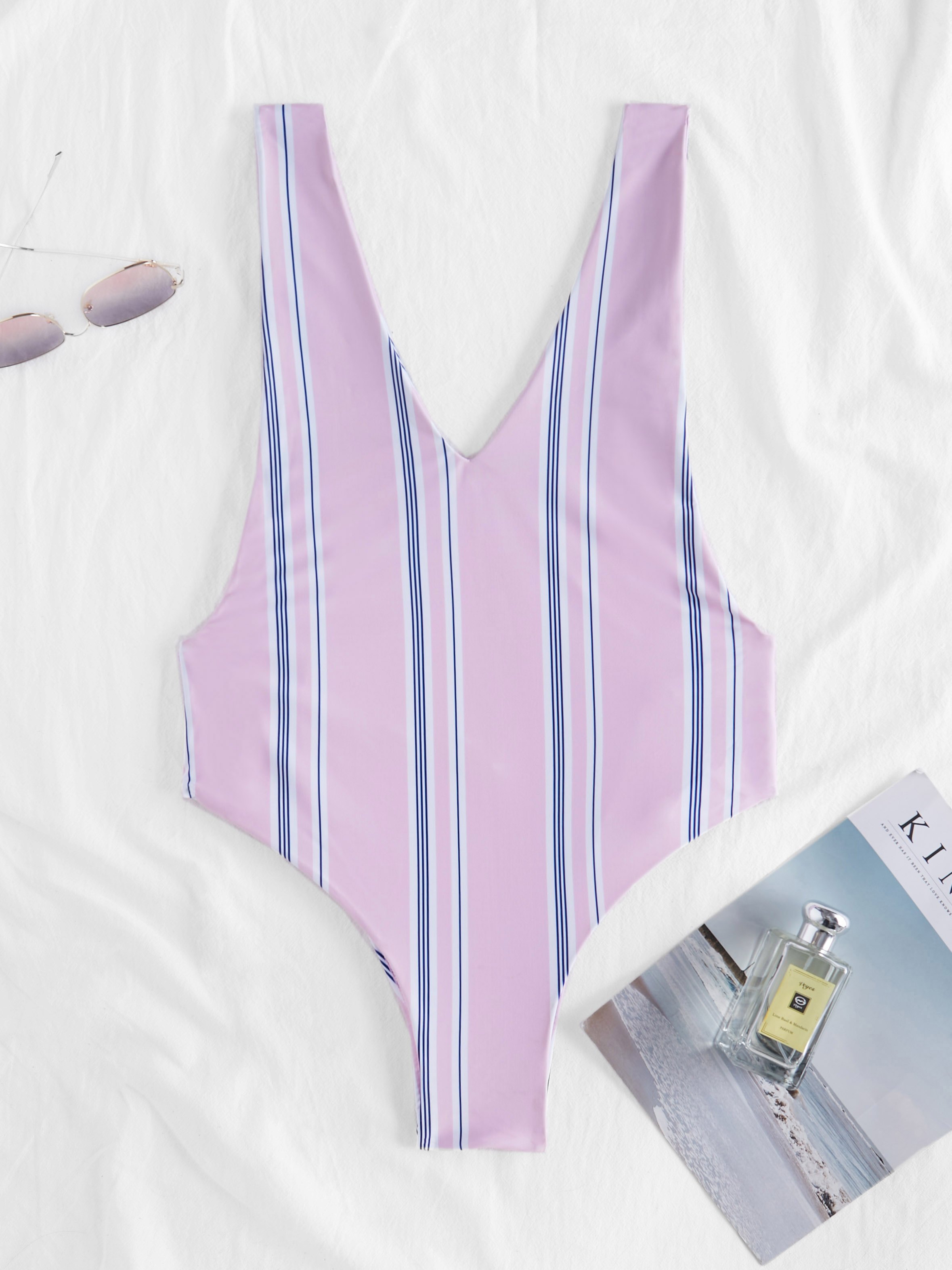 Striped V Neck One-piece Swimwear