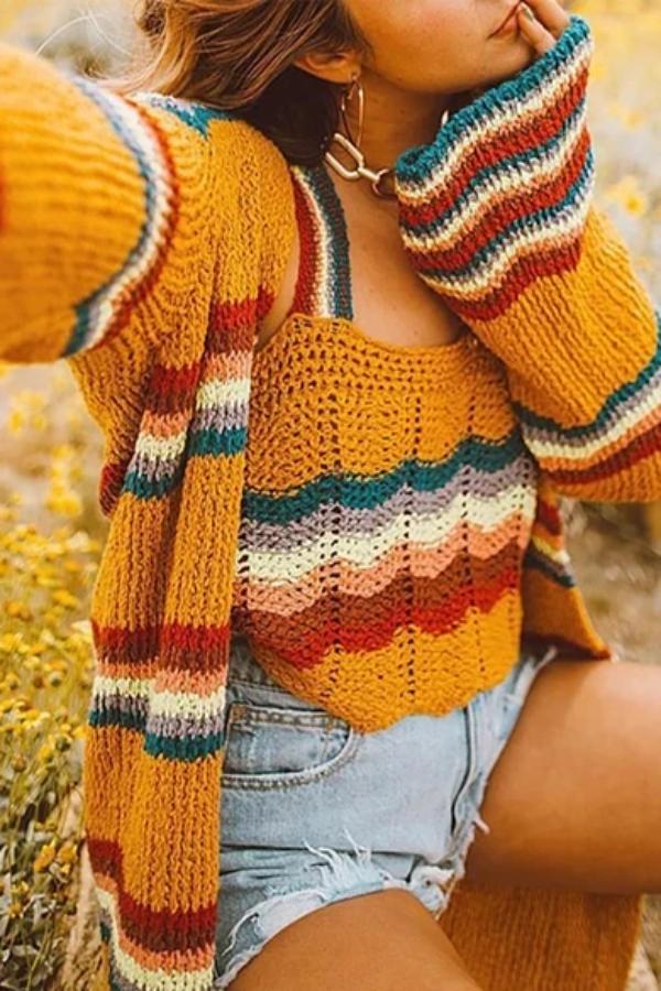 Cute Long Sleeve Printed Color Striped Cardigan