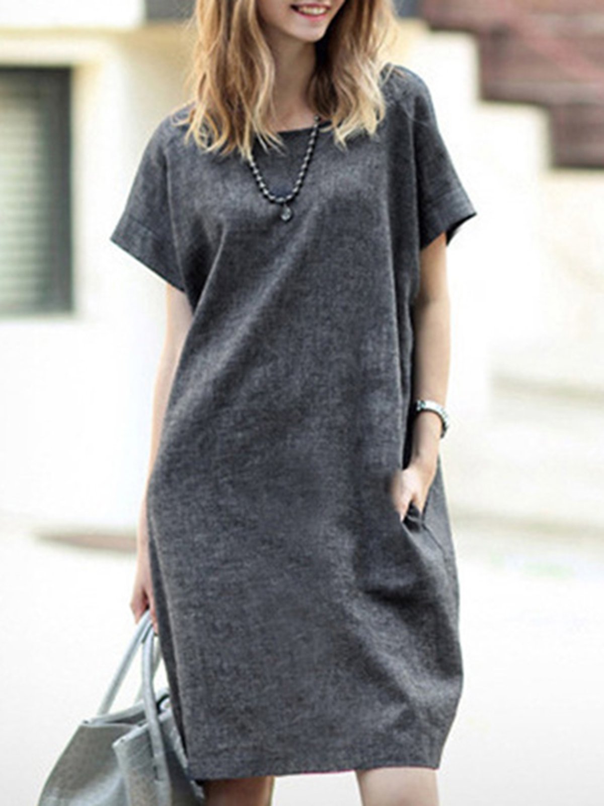 Gray A-line Linen Casual Crew Neck Plus Size Midi Dress