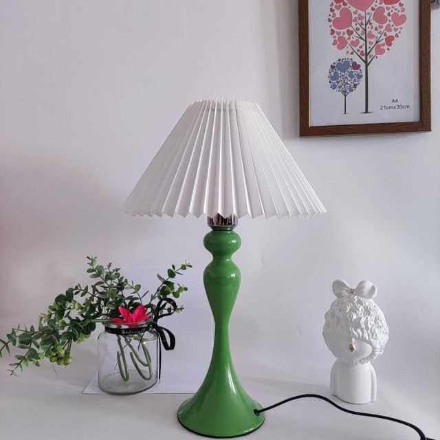 Bedside Lamps Japan Style Green Table Lamps with White Brown Pleated Fabric Shade