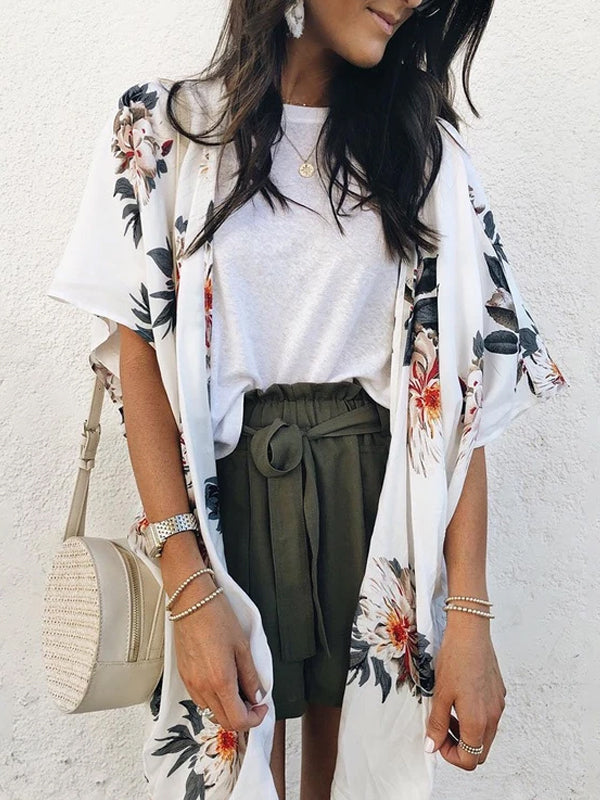 Fashion Casual Short-Sleeved   Printed Long-Sleeve Cardigan Top