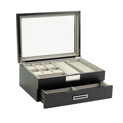 6 Slot Jewelry Organizer with Glass Top and Valet Drawer for Watch and Sunglasses