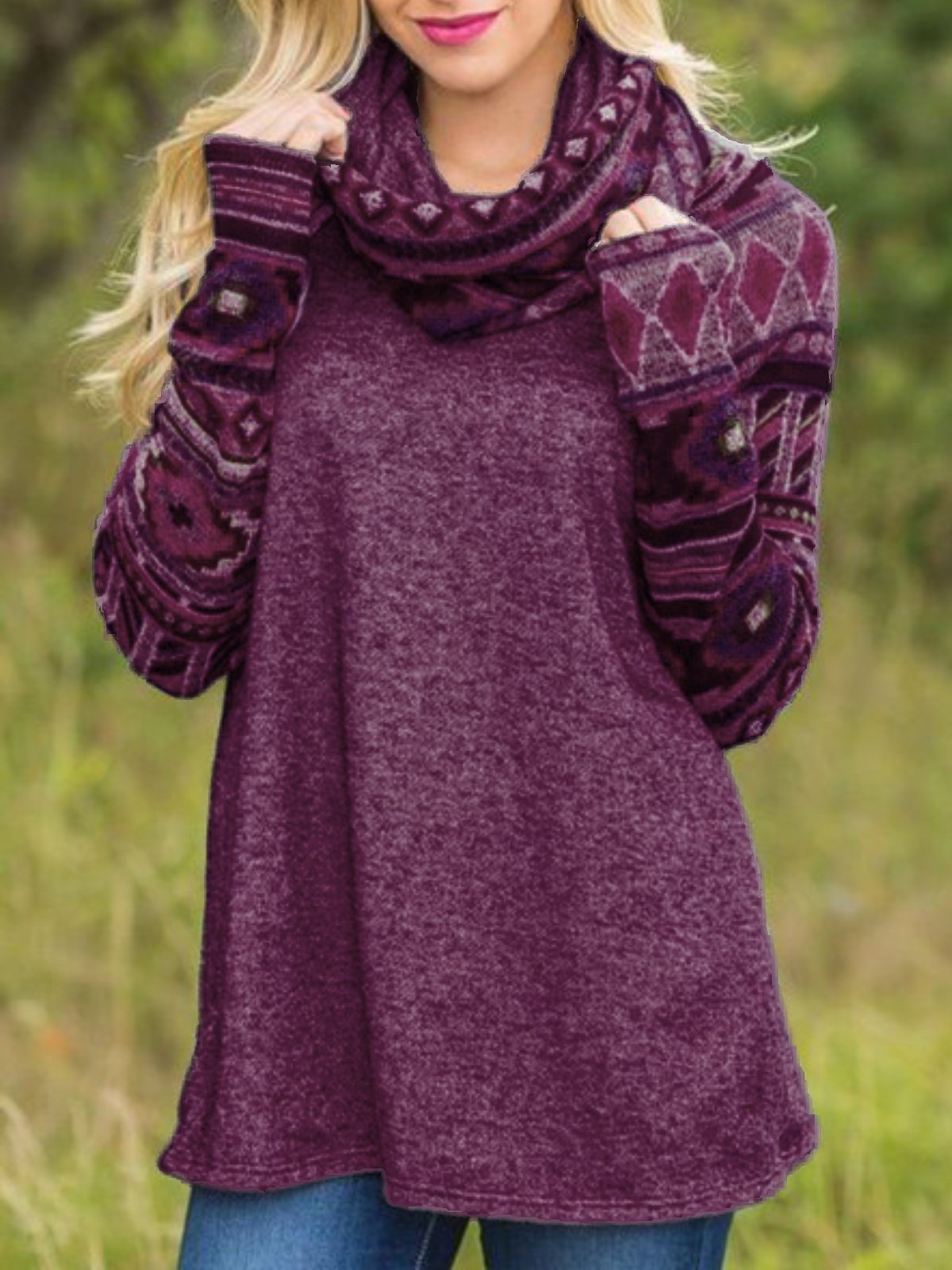Long Sleeve Printed Cowl Neck Casual Tops