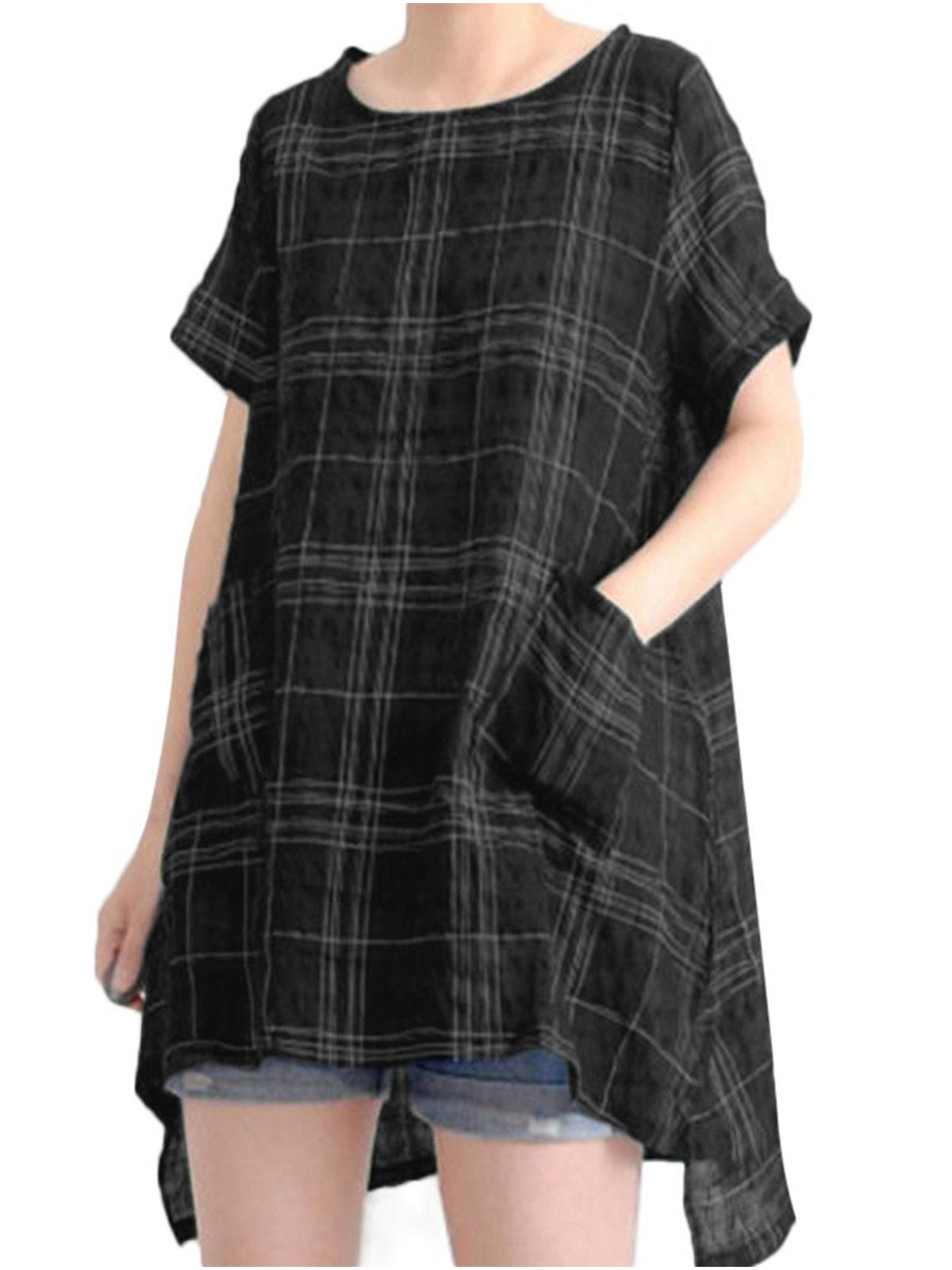 Women Casual Loose Tops Tunic Plaid Blouse Shirt