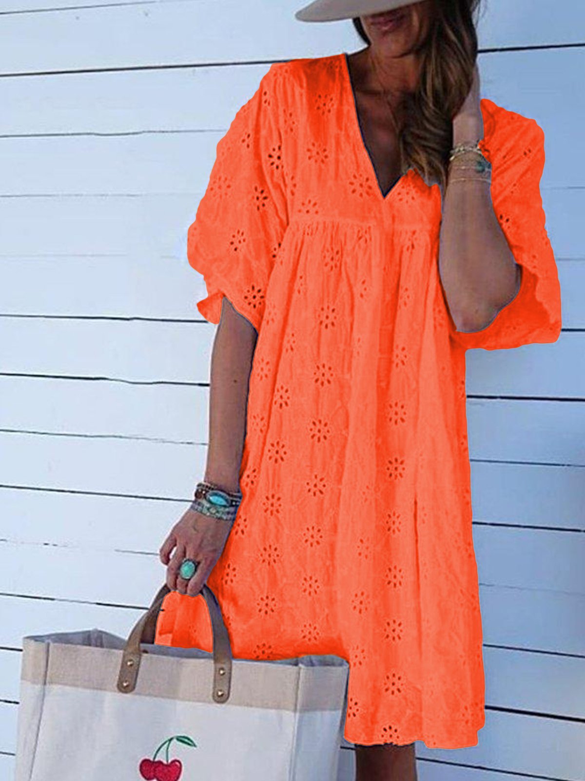 Laser Cut Panel V Neck shift Daily Cotton-Blend Dresses