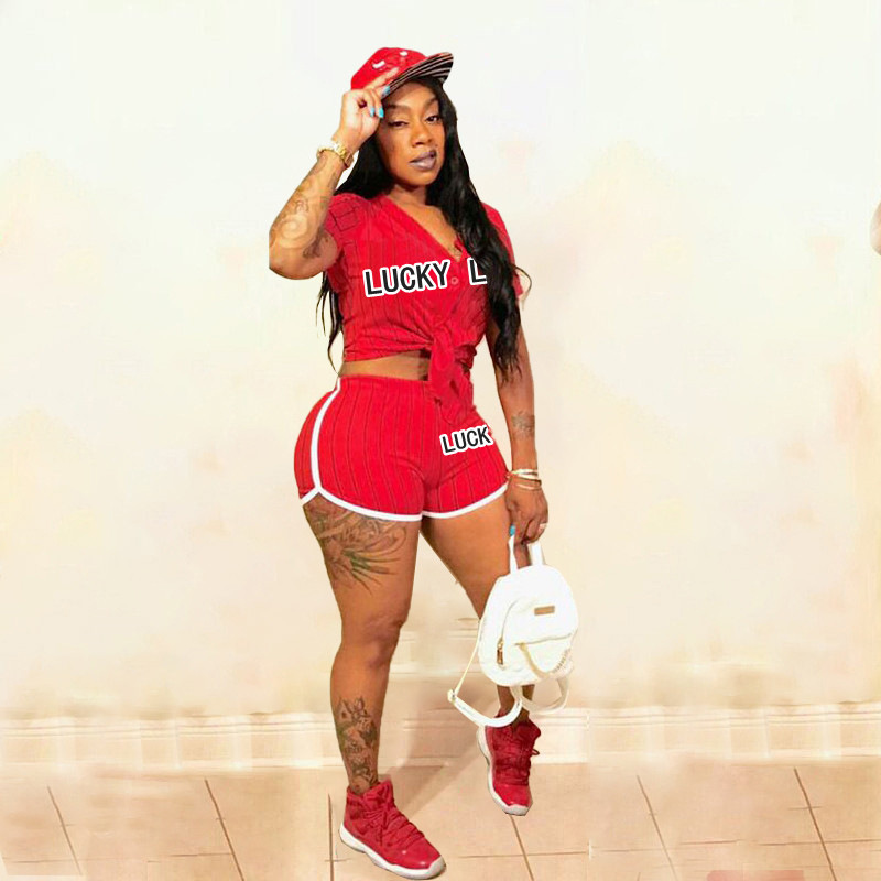 Letter-print striped baseball two-piece button set MN8363