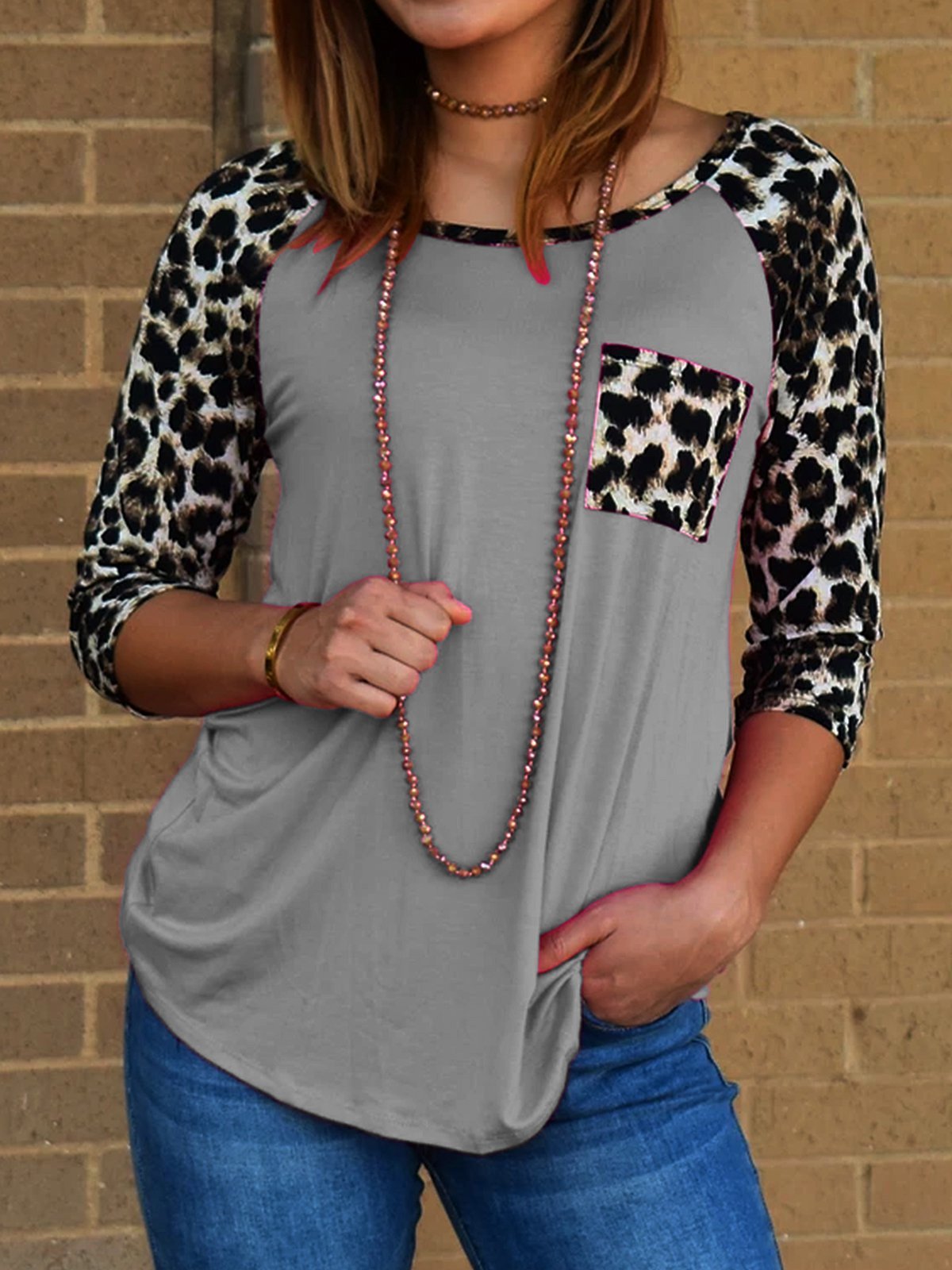 Crew Neck Printed Shift 3/4 Sleeve Shirts & Tops