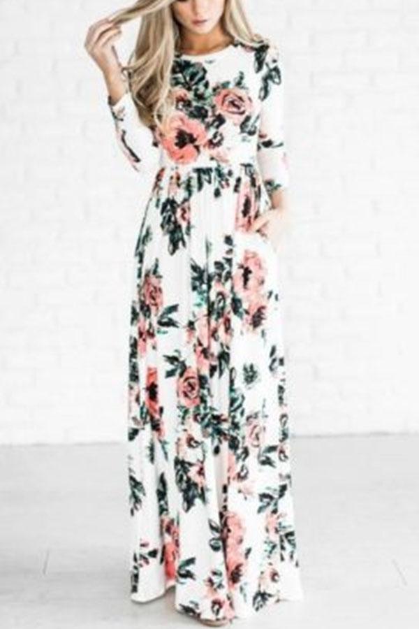Round Neck Floral Long Sleeve Maxi Dresses