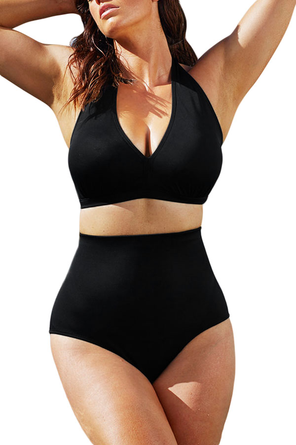Solid Black Plus Size Halter Bikini Swimsuit
