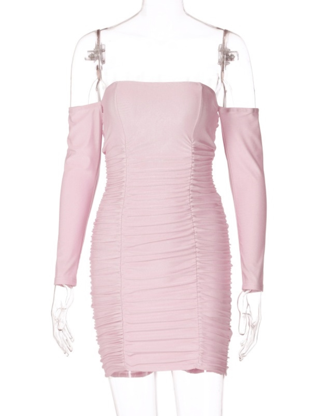 Solid Color Strapless Ruched Mini Dress with Sleeves