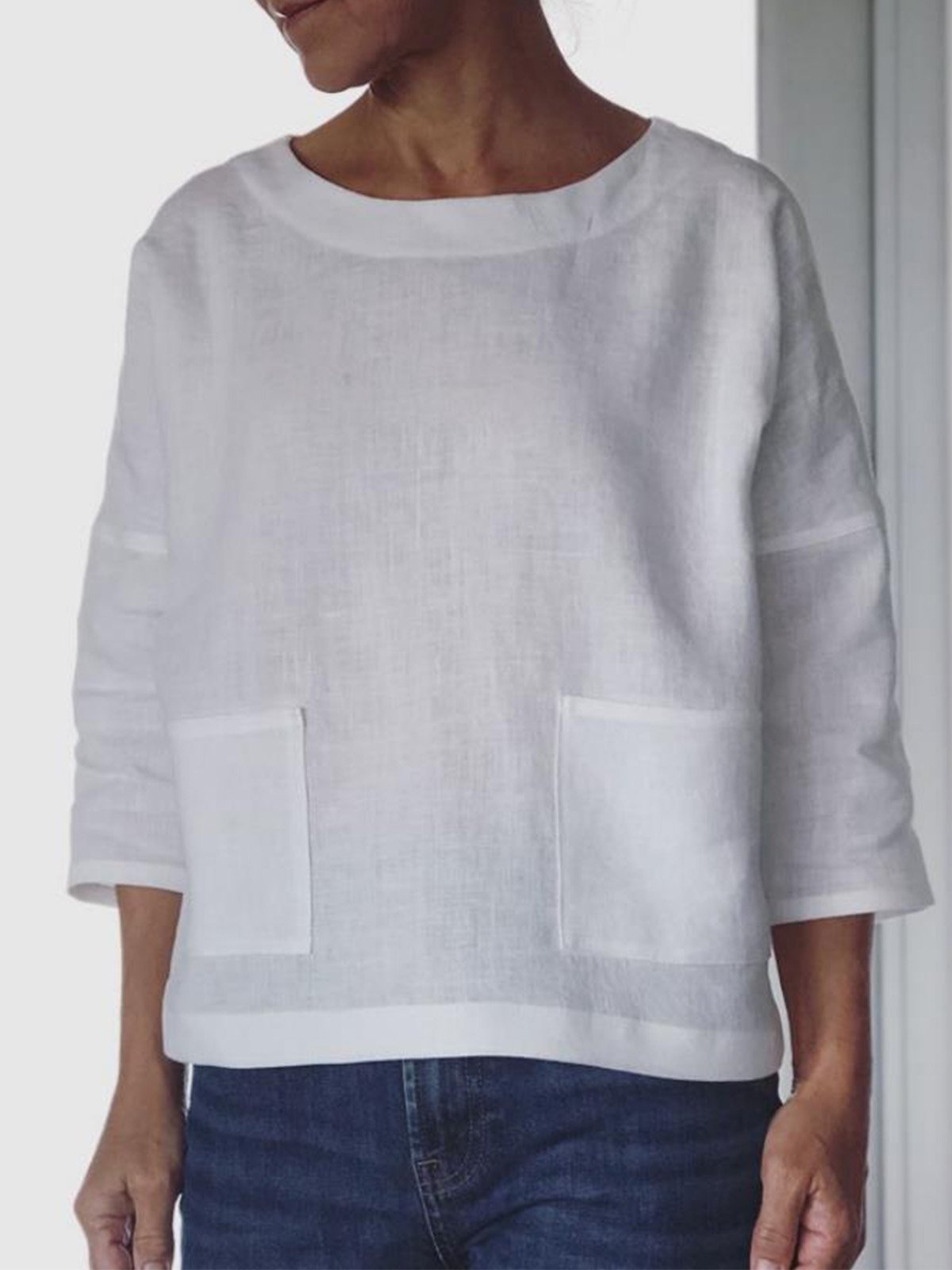 Round Neck Solid Casual 3/4 Sleeve Pockets Tops