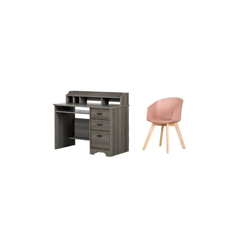 South Shore Versa Gray Maple Desk and 1 Flam Pink Chair with Wooden Legs Set